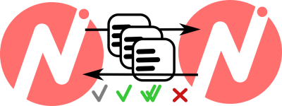 Image showing two abstract access points exchanging documents and responses as checkmarks and error crosses